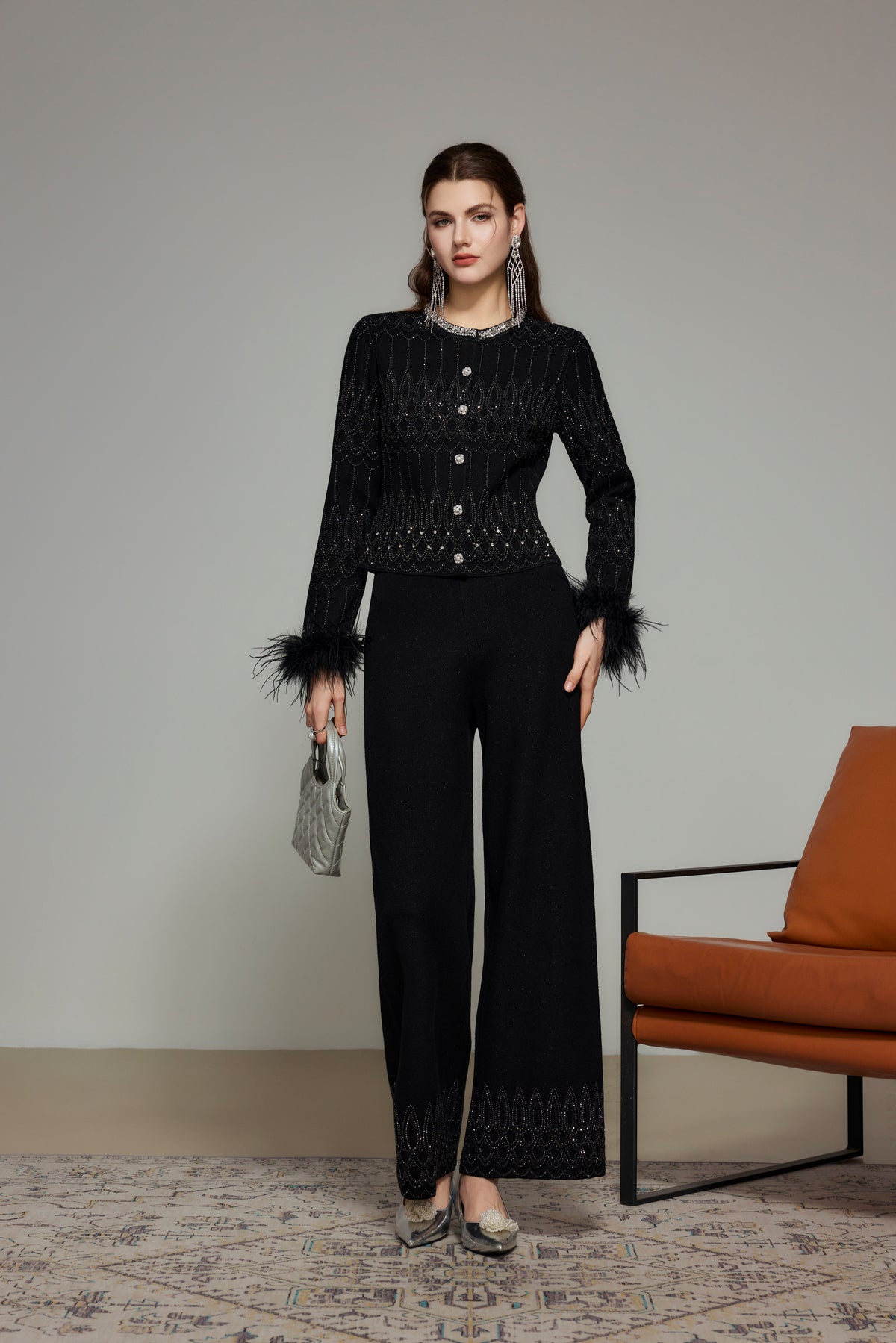 Black Rhinestone Wool Knit Straight-Leg Pants