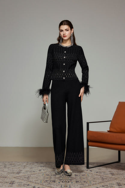 Black Rhinestone Wool Knit Straight-Leg Pants