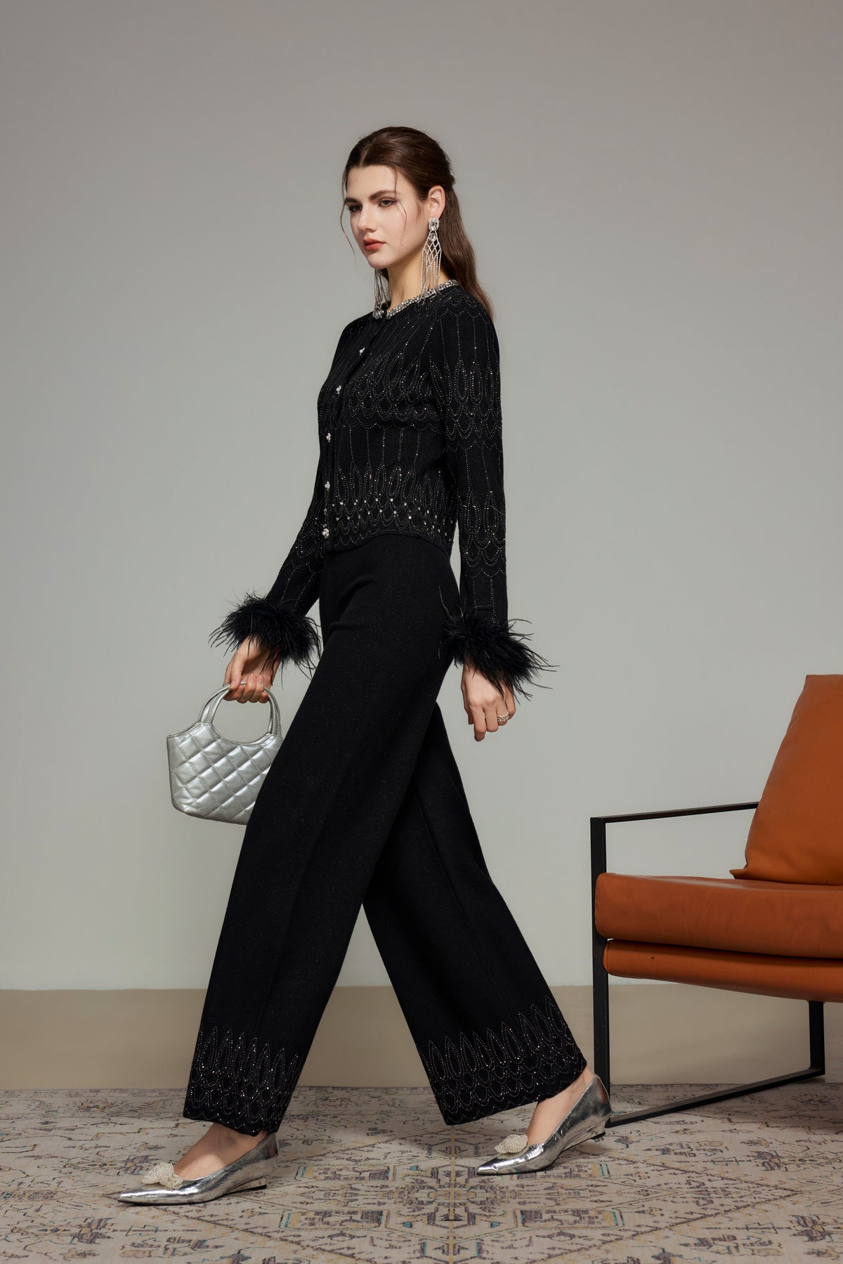 Black Rhinestone Wool Knit Straight-Leg Pants