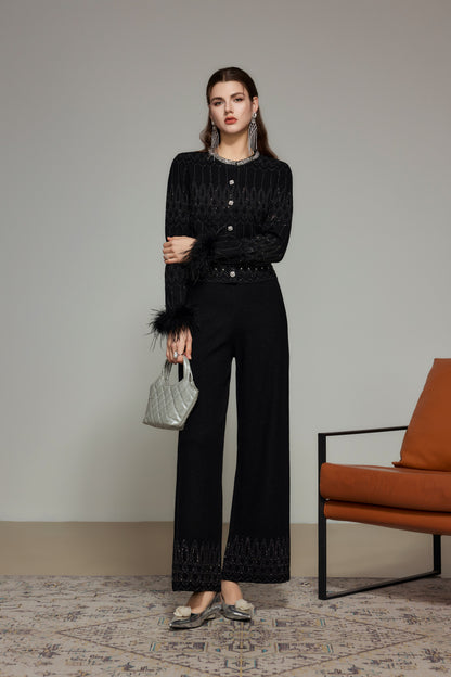 Black Rhinestone Wool Knit Straight-Leg Pants