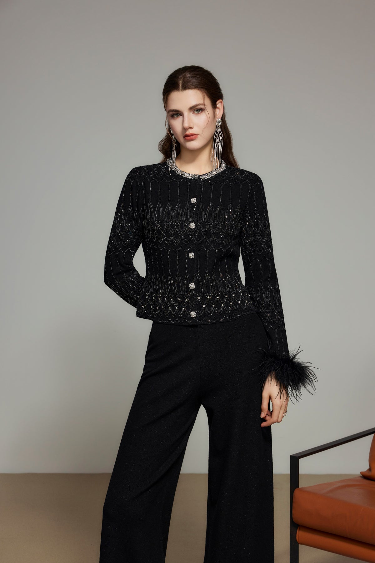 Black Rhinestone Wool Knit Cardigan