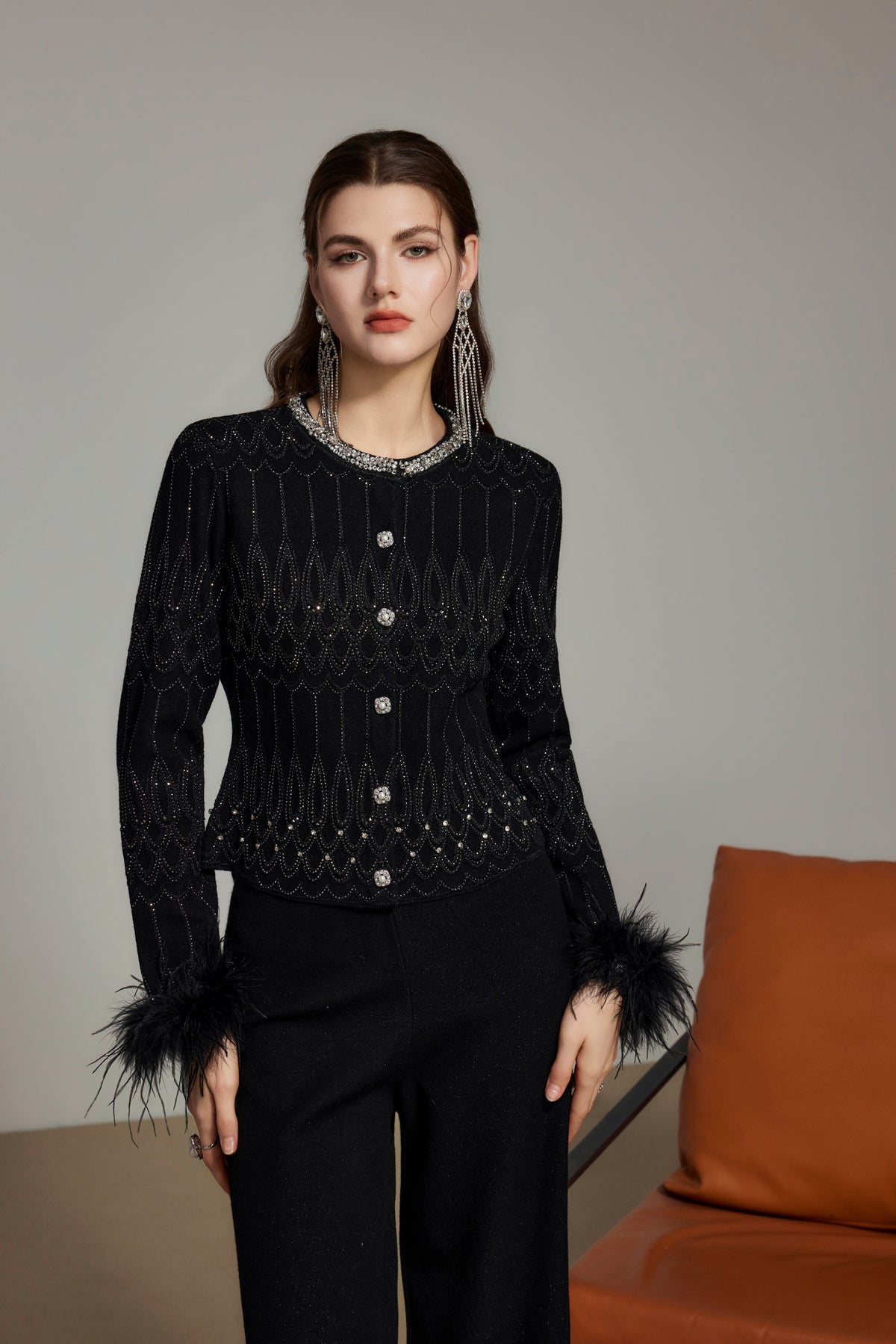 Black Rhinestone Wool Knit Cardigan