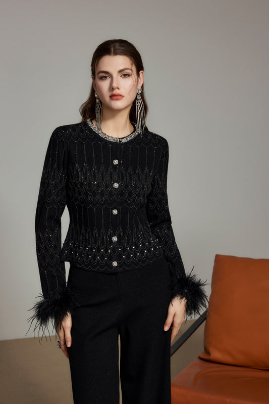 Black Rhinestone Wool Knit Cardigan