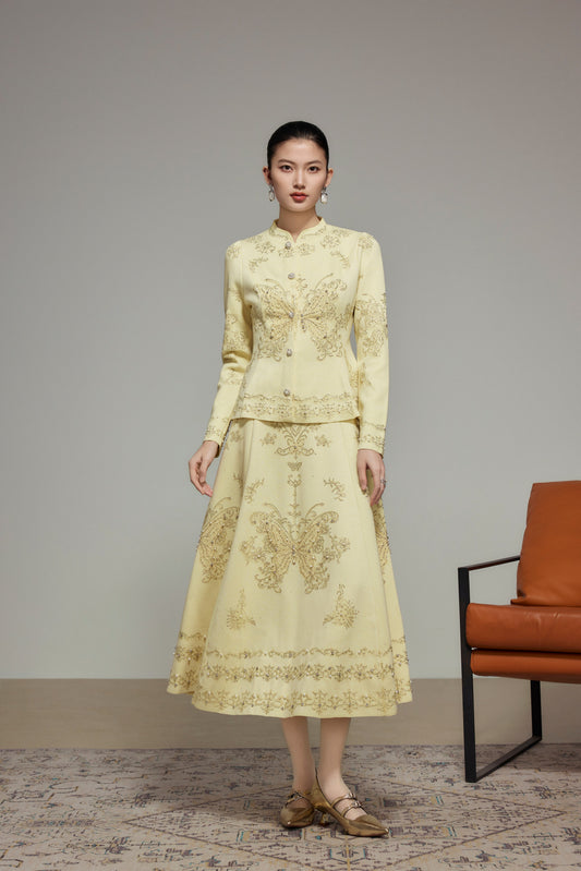 Yellow Butterfly Lace Rhinestone Knit Skirt