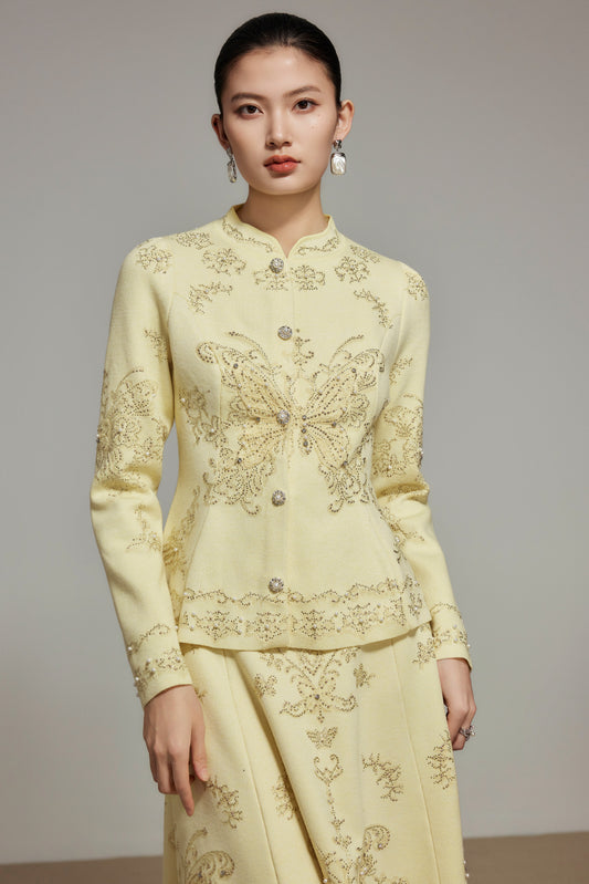 Yellow Butterfly Lace Rhinestone Knit Top