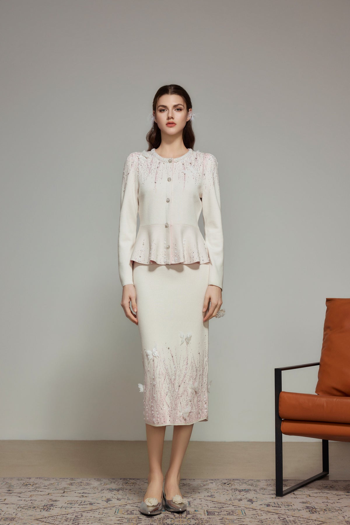 White Rhinestone Wool Knit Cardigan