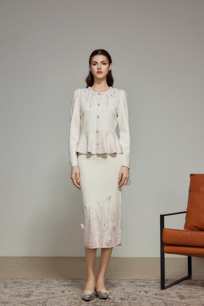 White Rhinestone Wool Knit Cardigan