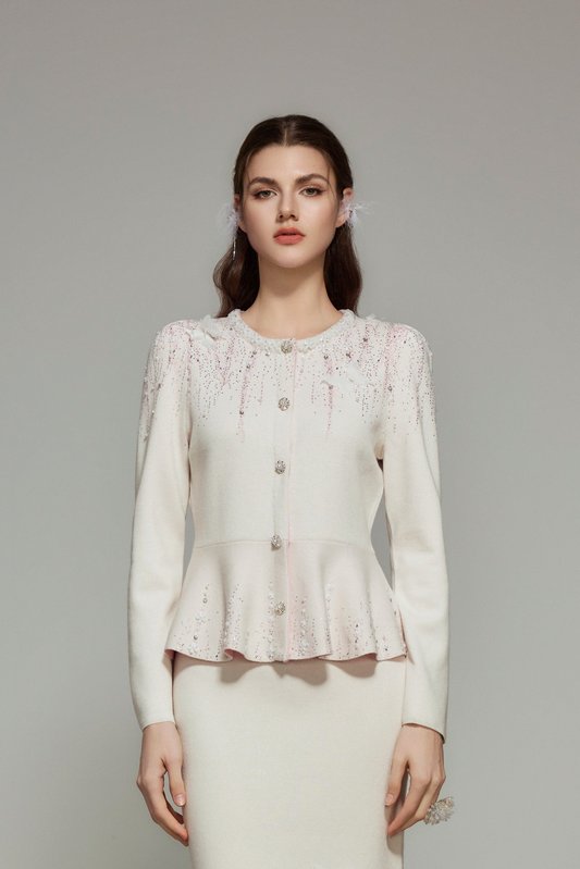 White Rhinestone Wool Knit Cardigan