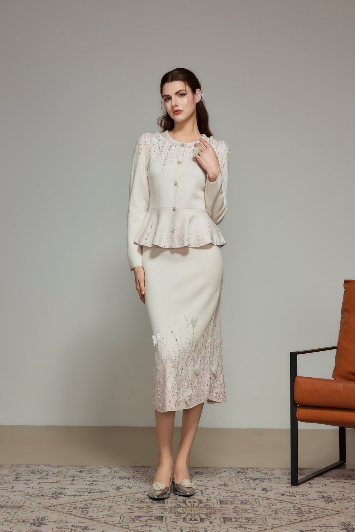 White Rhinestone Wool Knit Cardigan