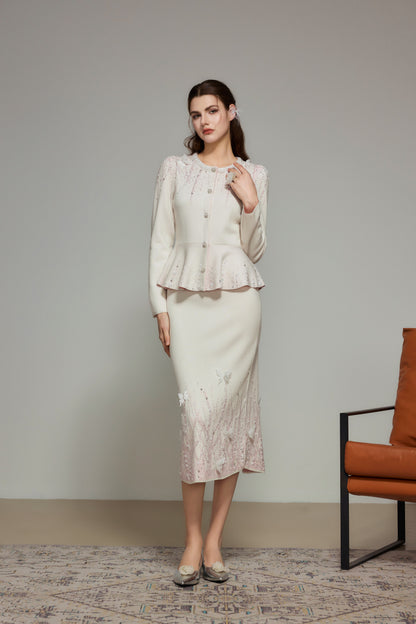 White Rhinestone Wool Knit Cardigan