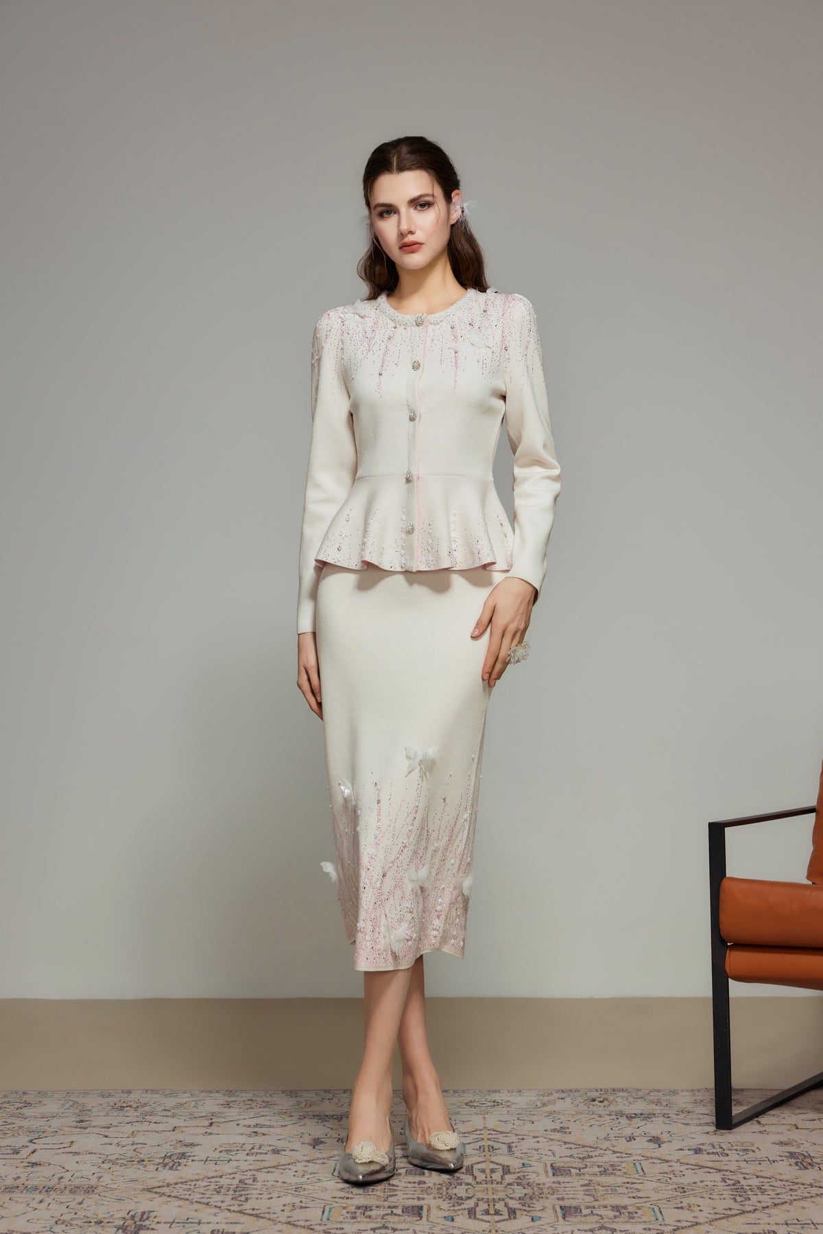 White Rhinestone Wool Knit Cardigan