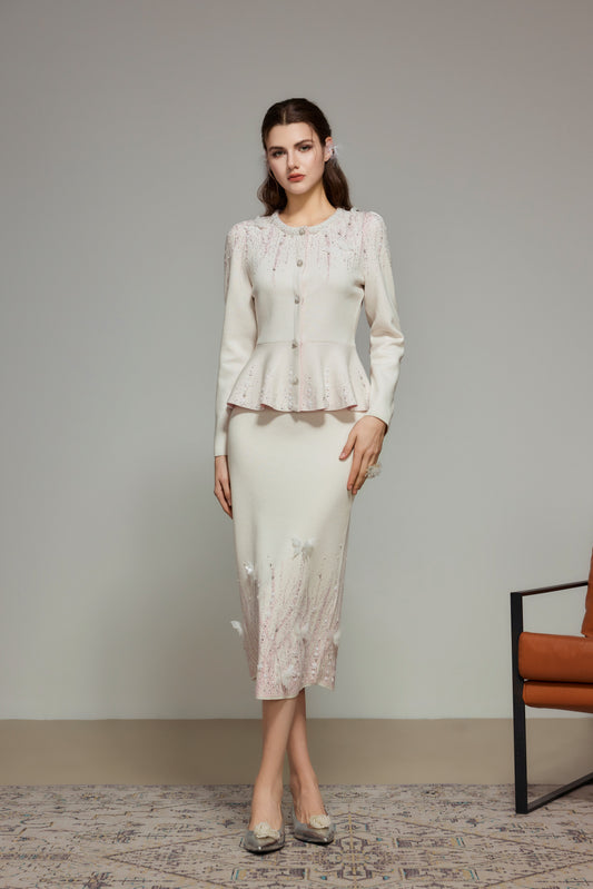 White Pink Rhinestone Wool Knit Skirt