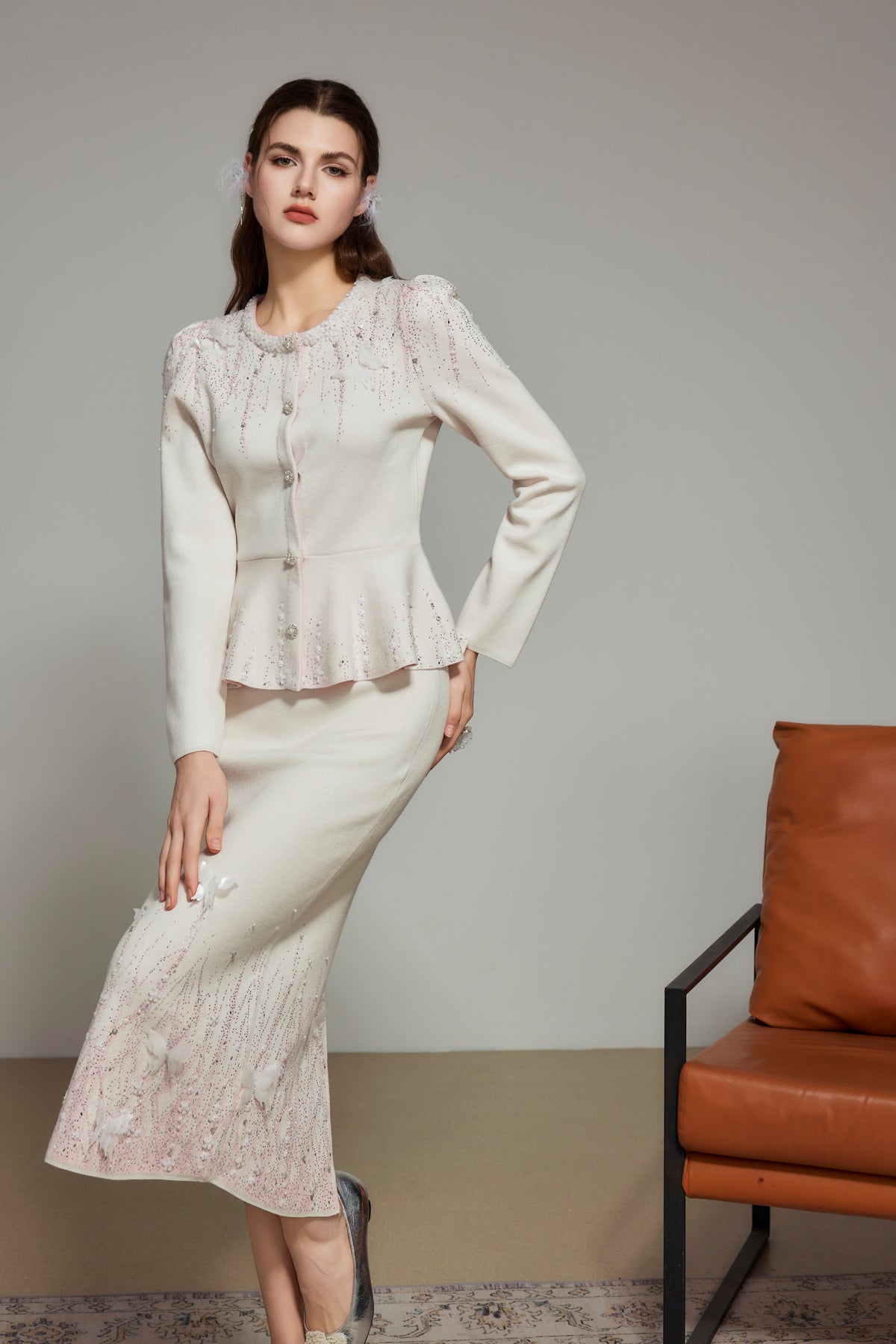 White Rhinestone Wool Knit Cardigan