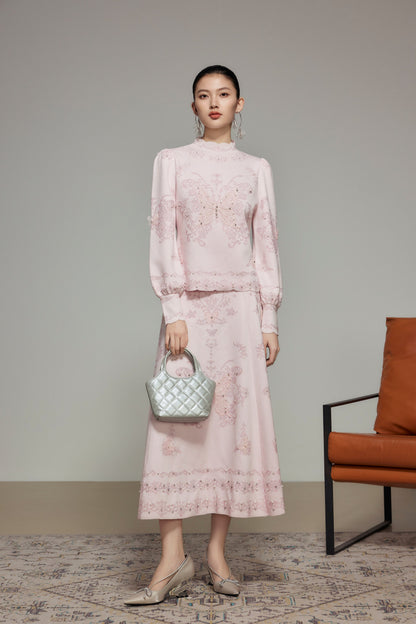 Pink Butterfly Lace Rhinestone Knit Top