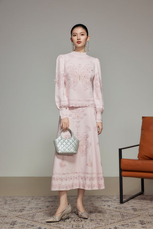 Pink Butterfly Lace Rhinestone Knit Skirt