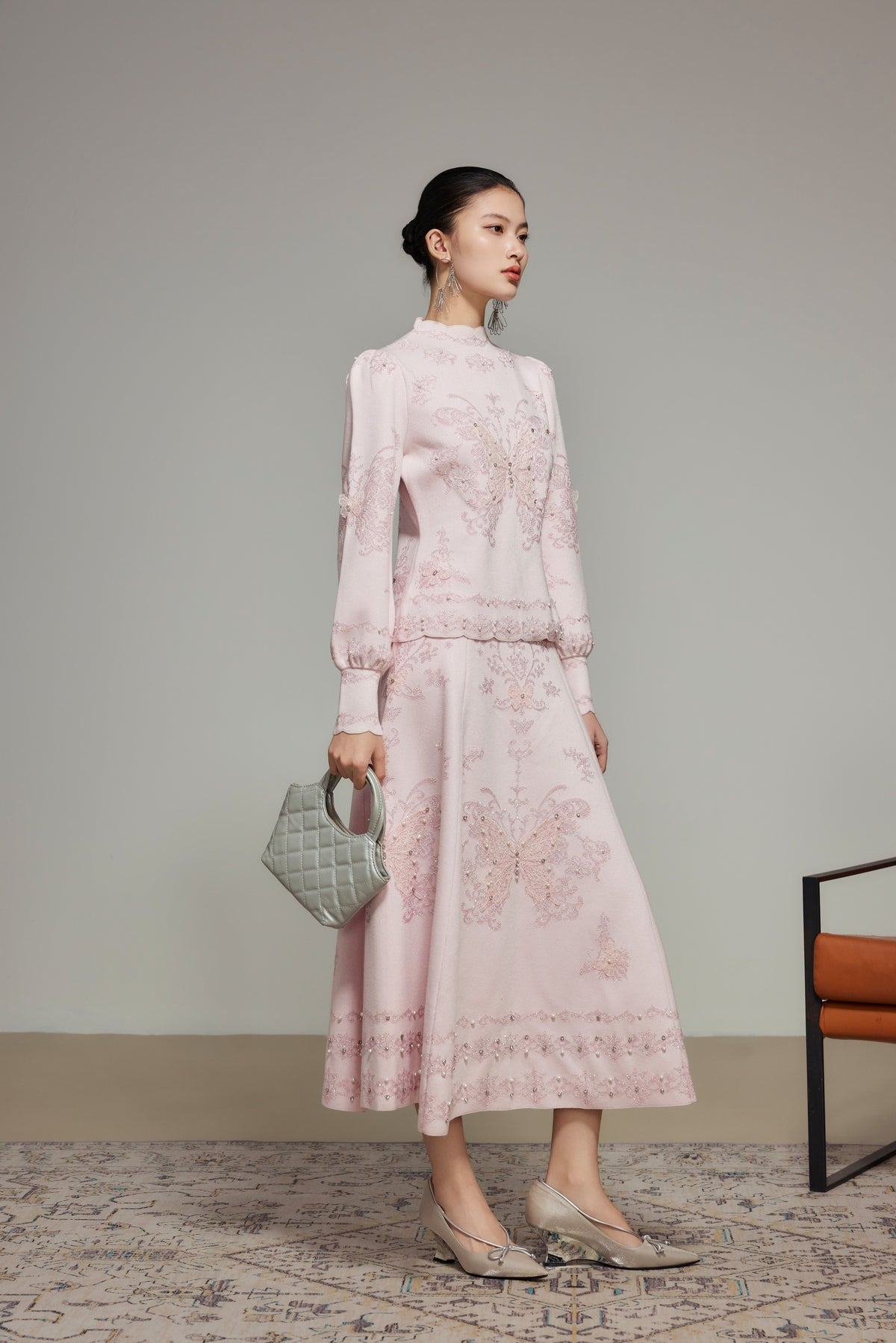 Pink Butterfly Lace Rhinestone Knit Top