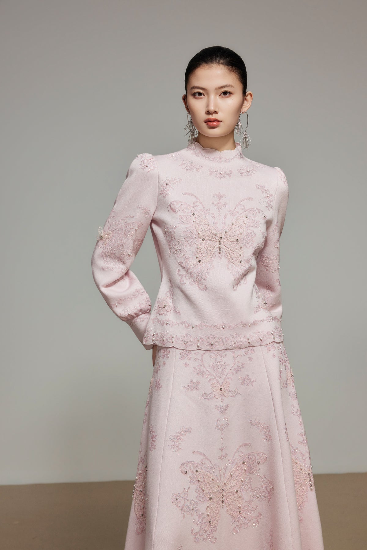 Pink Butterfly Lace Rhinestone Knit Top