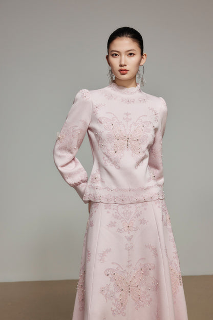Pink Butterfly Lace Rhinestone Knit Top