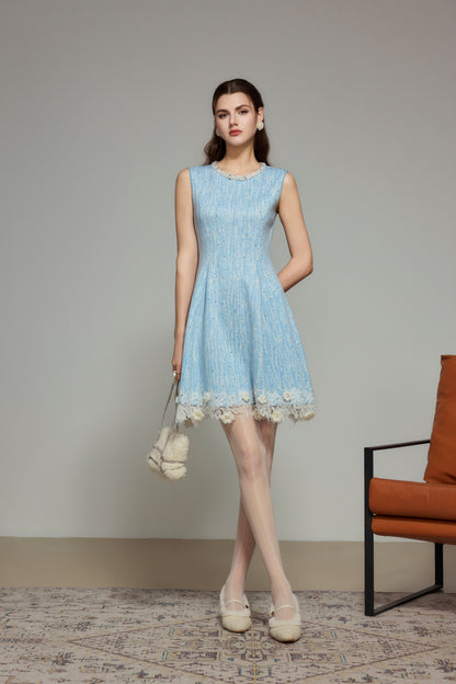Blue Rhinestone Wool Knit Dress