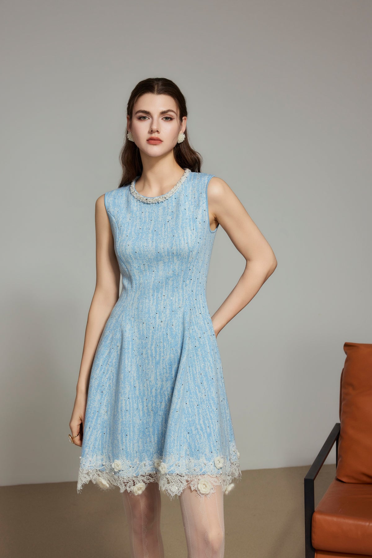 Blue Rhinestone Wool Knit Dress
