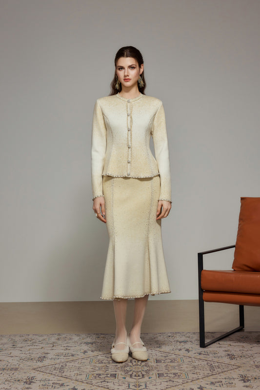 Beige Gradient Rhinestone Wool Knit Mermaid Skirt