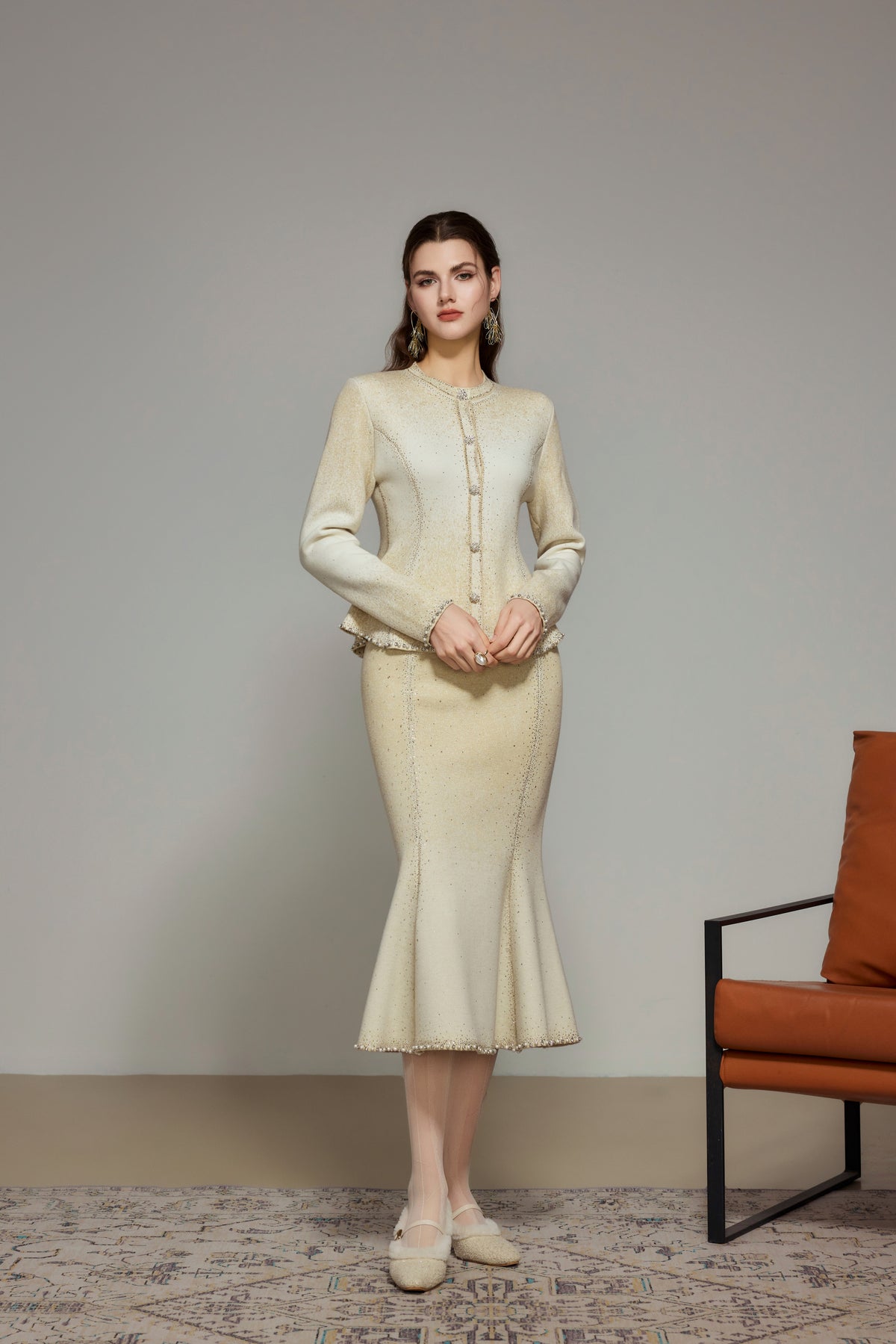 Beige Gradient Rhinestone Wool Knit Mermaid Skirt