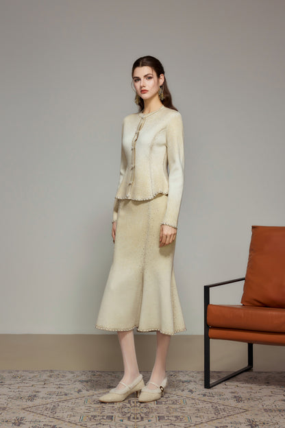 Beige Gradient Rhinestone Wool Knit Mermaid Skirt