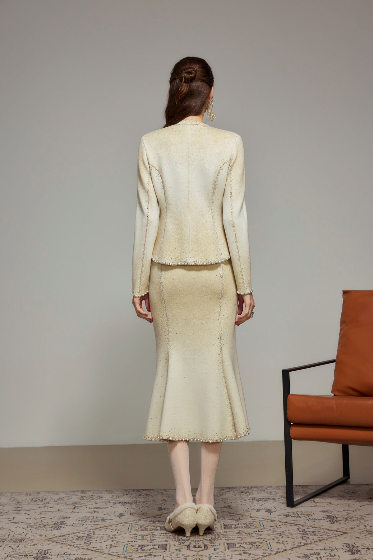 Beige Gradient Rhinestone Wool Knit Mermaid Skirt