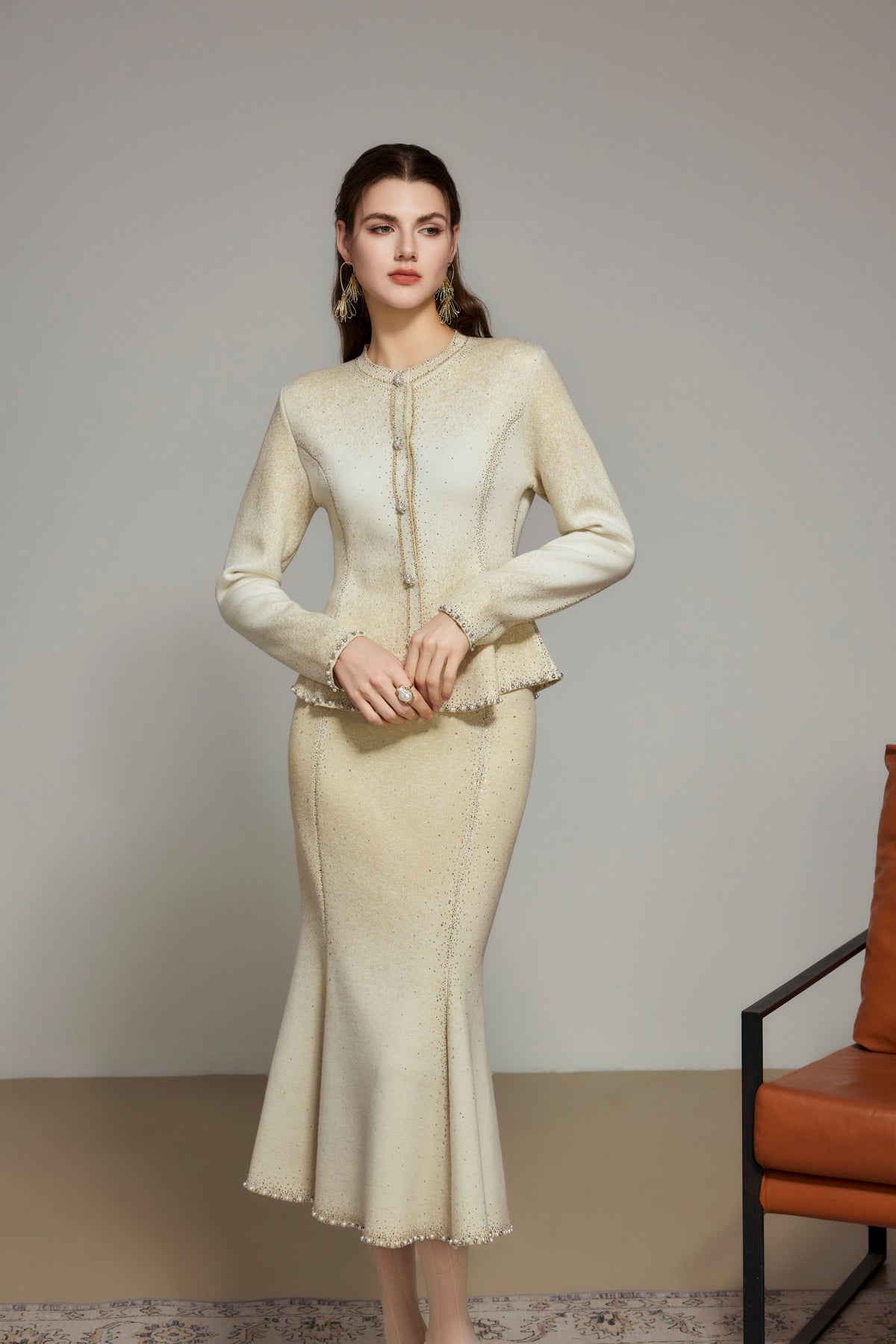 Beige Gradient Rhinestone Wool Knit Cardigan
