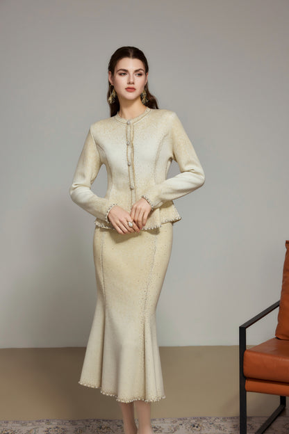 Beige Gradient Rhinestone Wool Knit Cardigan