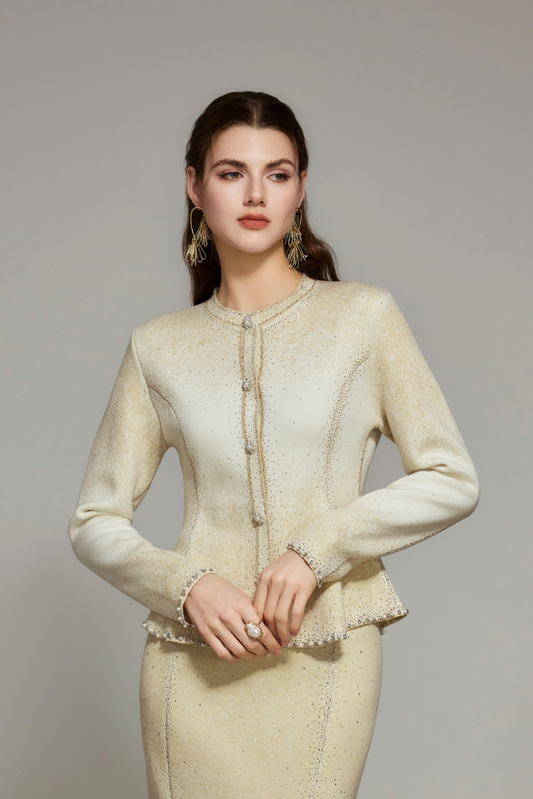 Beige Gradient Rhinestone Wool Knit Cardigan