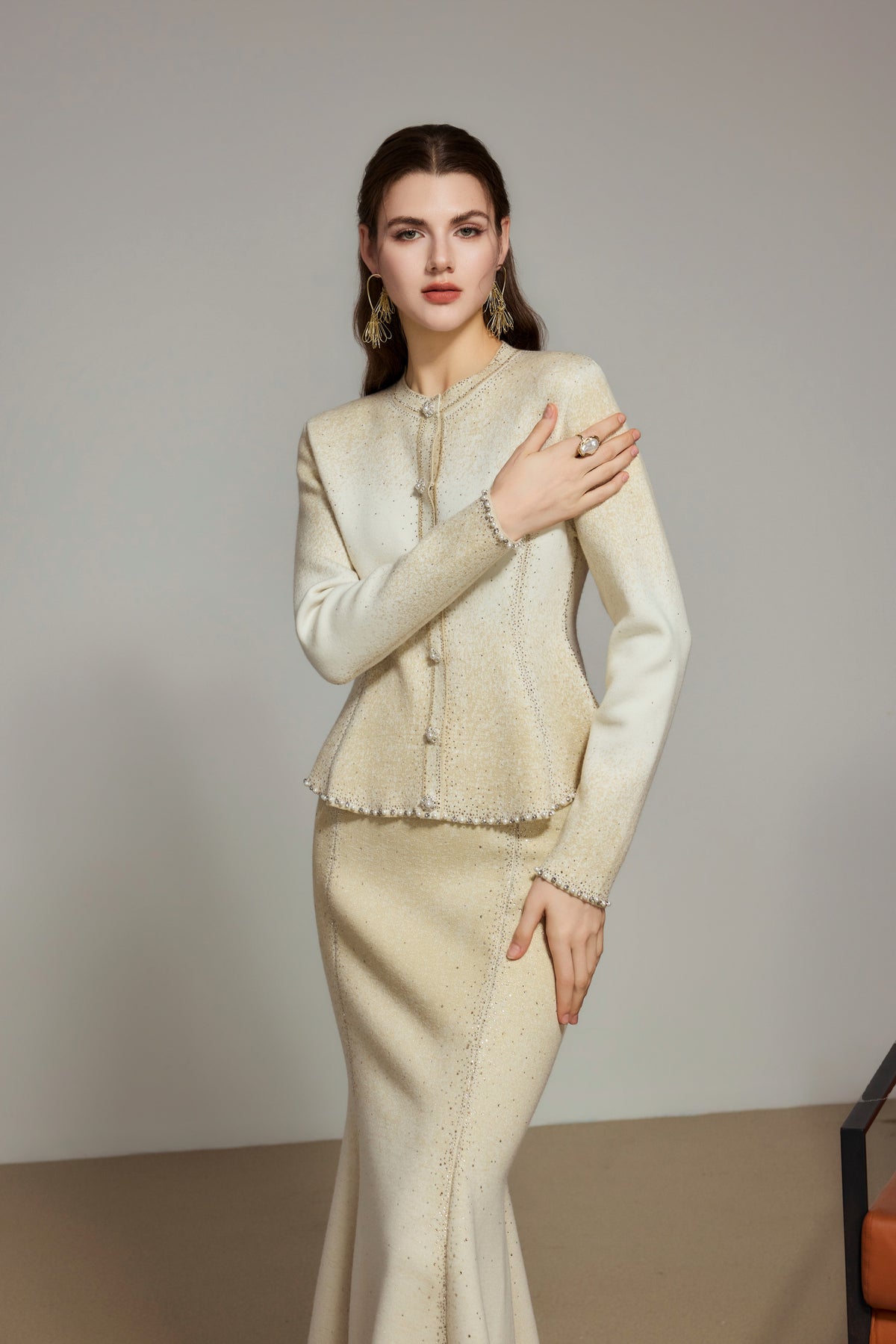 Beige Gradient Rhinestone Wool Knit Cardigan