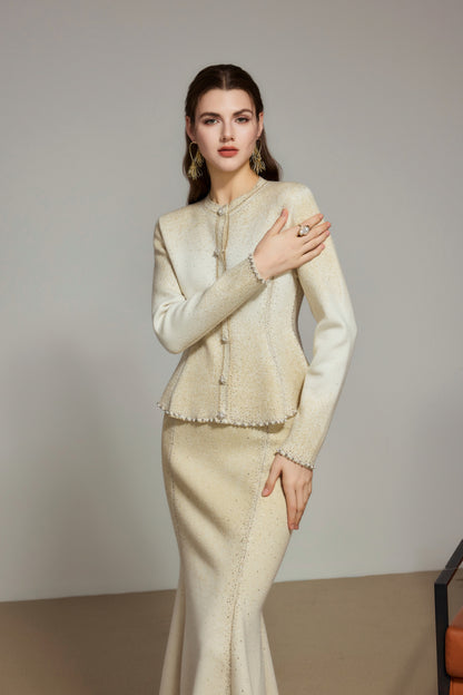 Beige Gradient Rhinestone Wool Knit Cardigan