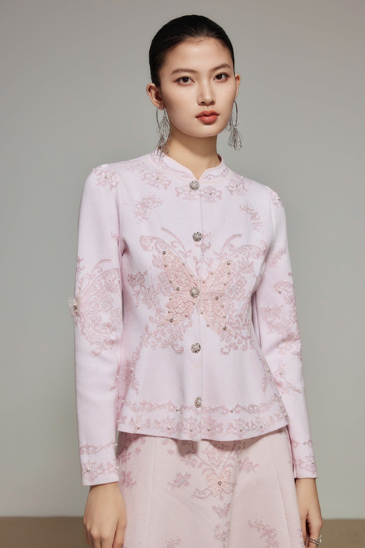 Pink Butterfly Lace Rhinestone Knit Top