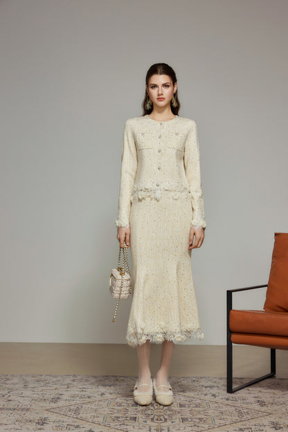 Cream Rhinestone Wool Knit Mermaid Skirt