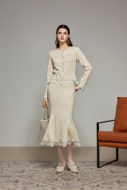 Cream Rhinestone Wool Knit Mermaid Skirt