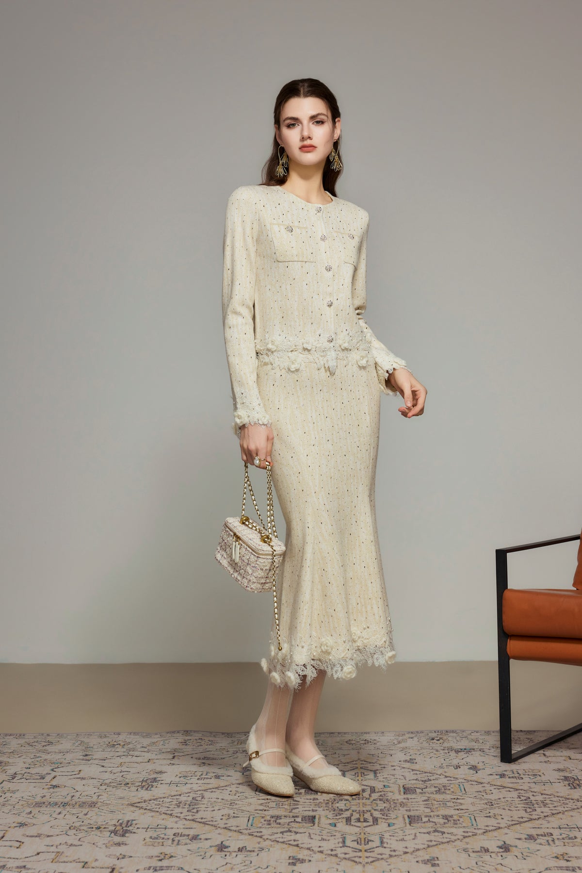 Cream Rhinestone Wool Knit Mermaid Skirt
