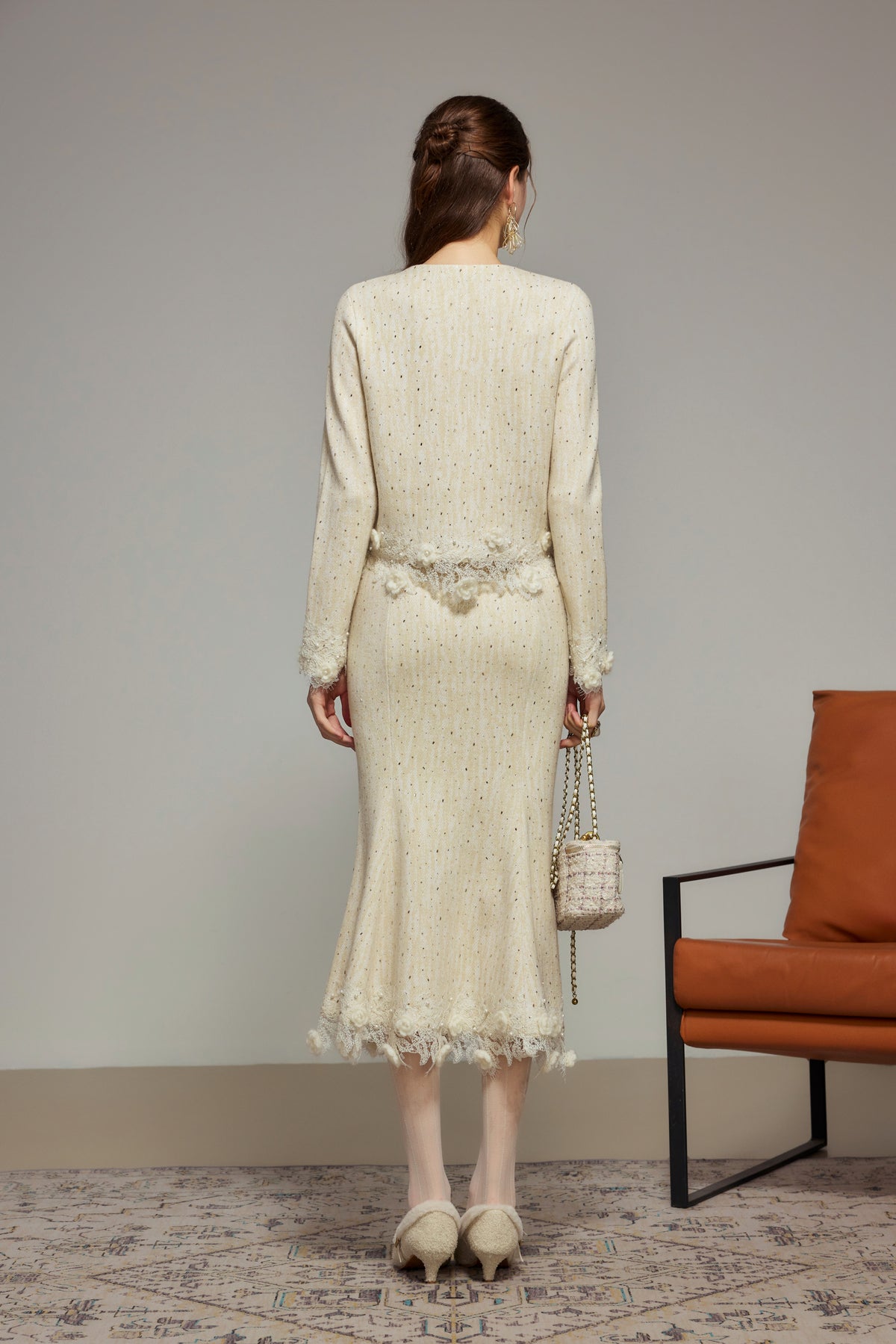 Cream Rhinestone Wool Knit Mermaid Skirt