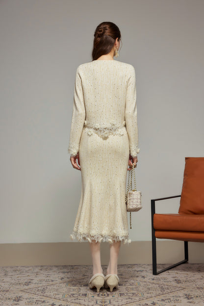 Cream Rhinestone Wool Knit Mermaid Skirt