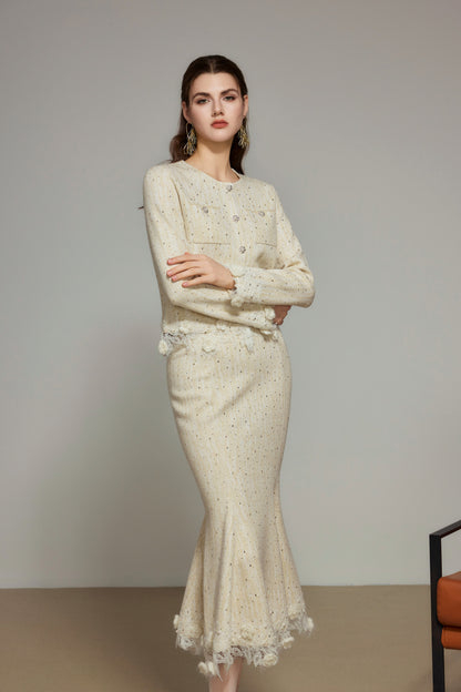 Cream Rhinestone Wool Knit Mermaid Skirt