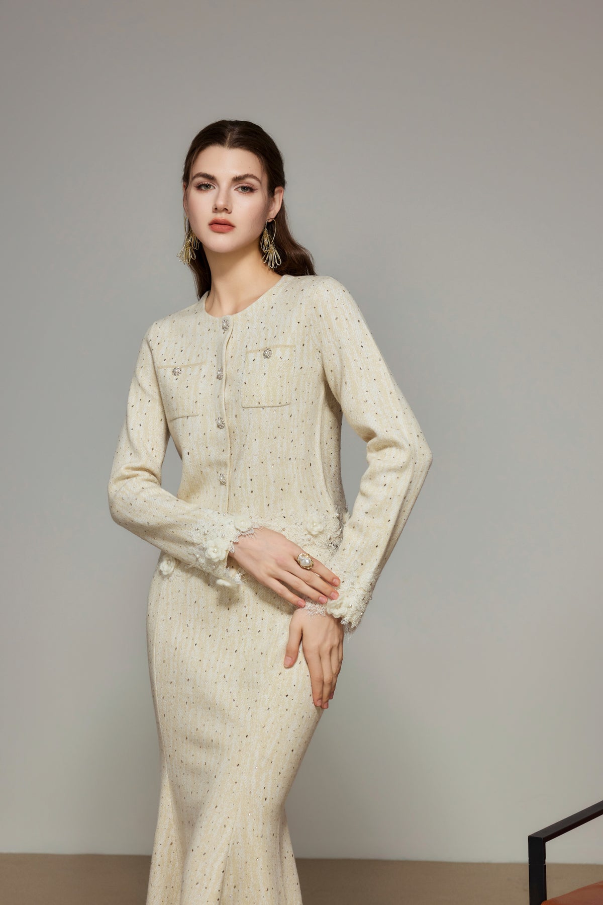 Cream Rhinestone Wool Knit Cardigan