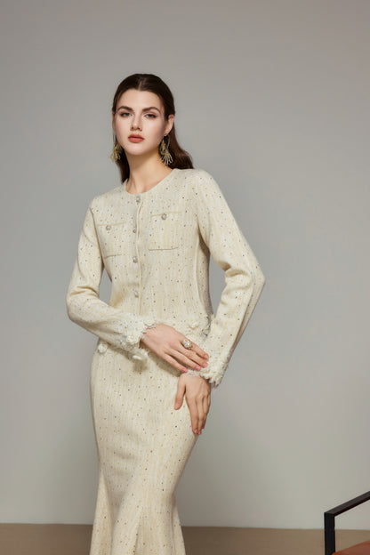 Cream Rhinestone Wool Knit Cardigan
