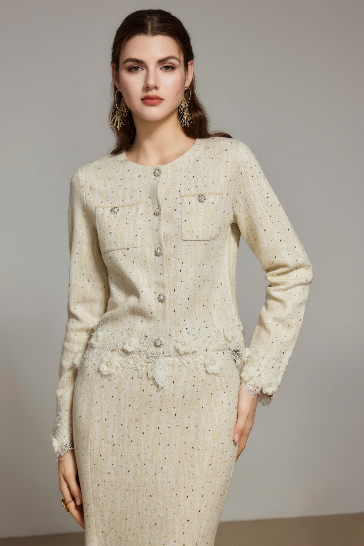 Cream Rhinestone Wool Knit Cardigan