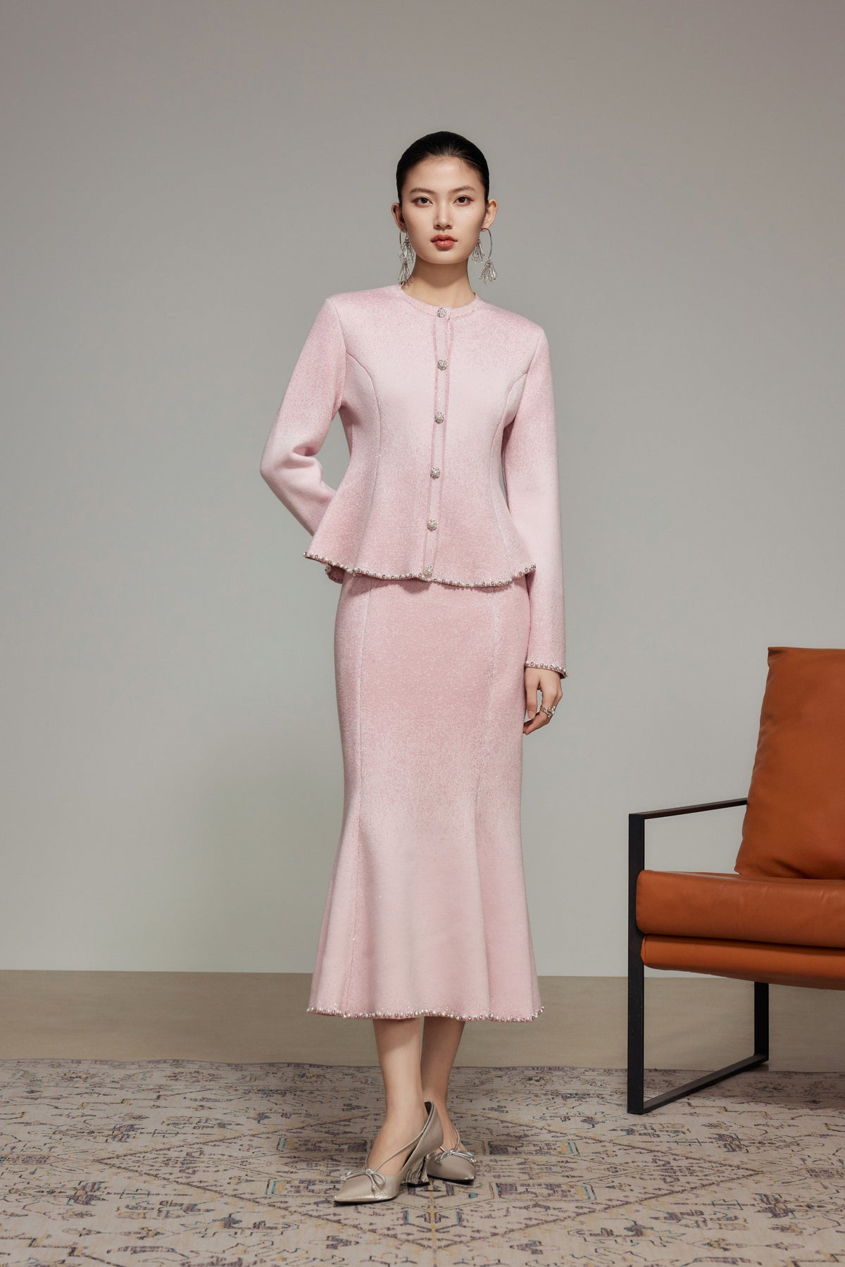 Pink Gradient Rhinestone Wool Knit Cardigan