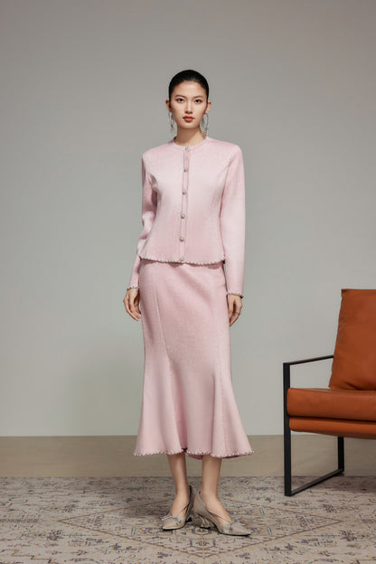 Pink Gradient Rhinestone Wool Knit Cardigan