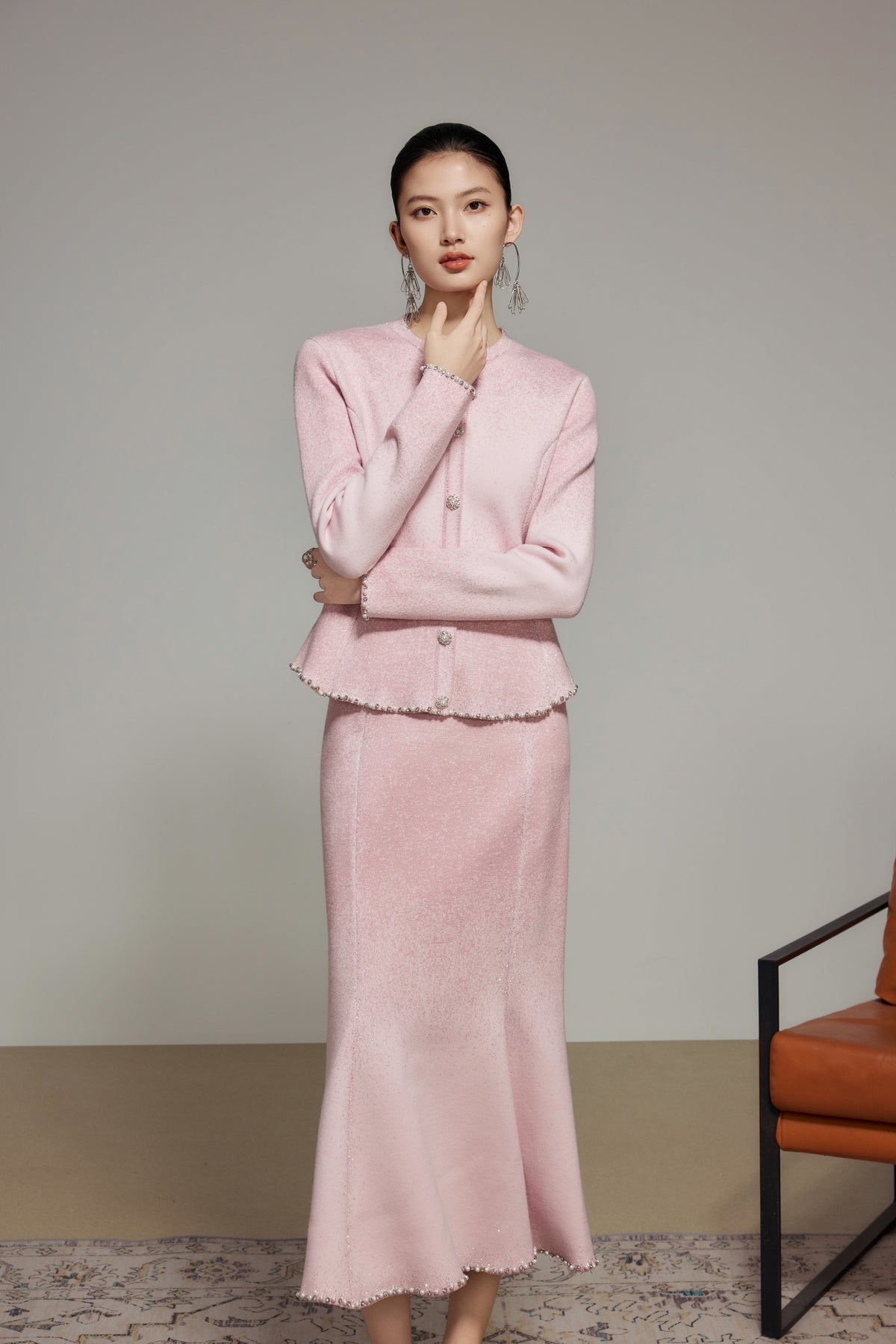 Pink Gradient Rhinestone Wool Knit Cardigan
