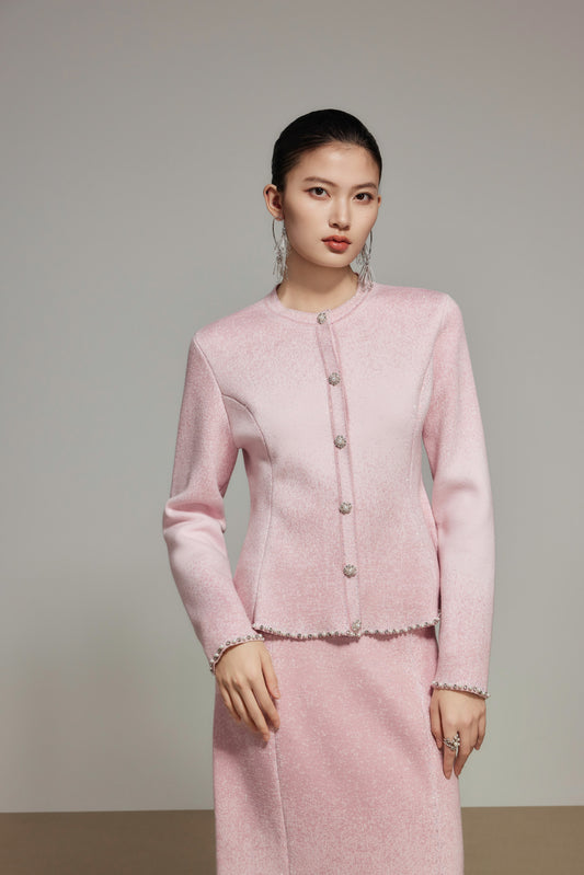 Pink Gradient Rhinestone Wool Knit Cardigan