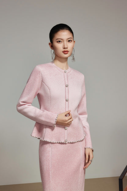 Pink Gradient Rhinestone Wool Knit Cardigan
