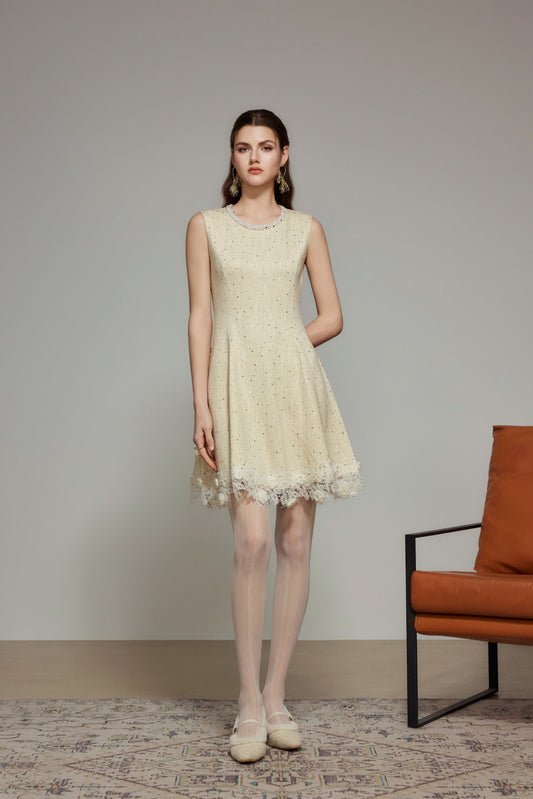 Cream Rhinestone Wool Knit Dress