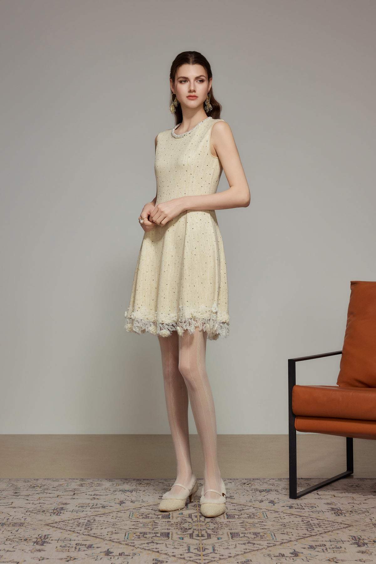 Cream Rhinestone Wool Knit Dress